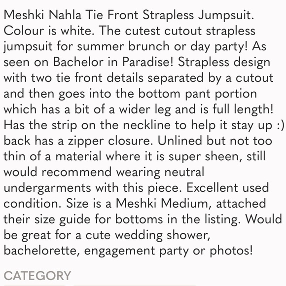 Meshki Nahla Tie Front Strapless Jumpsuit in White Size Medium - Picture 11 of 11